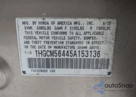 2005 Honda Accord 2.4 Lx из США, поврежденный, VIN 1HGCM56445A153136